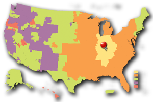 US map with color delivery zones